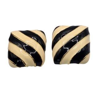 Clip On Earrings Zebra Striped Black Cream Enamel Square Vintage Bold SKU2917